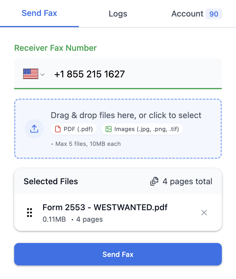 Browserfax Chrome Extension Interface
