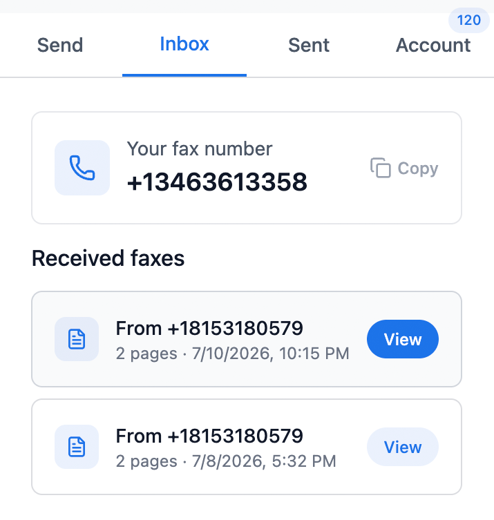 Browserfax inbox — your own fax number with received faxes in Chrome